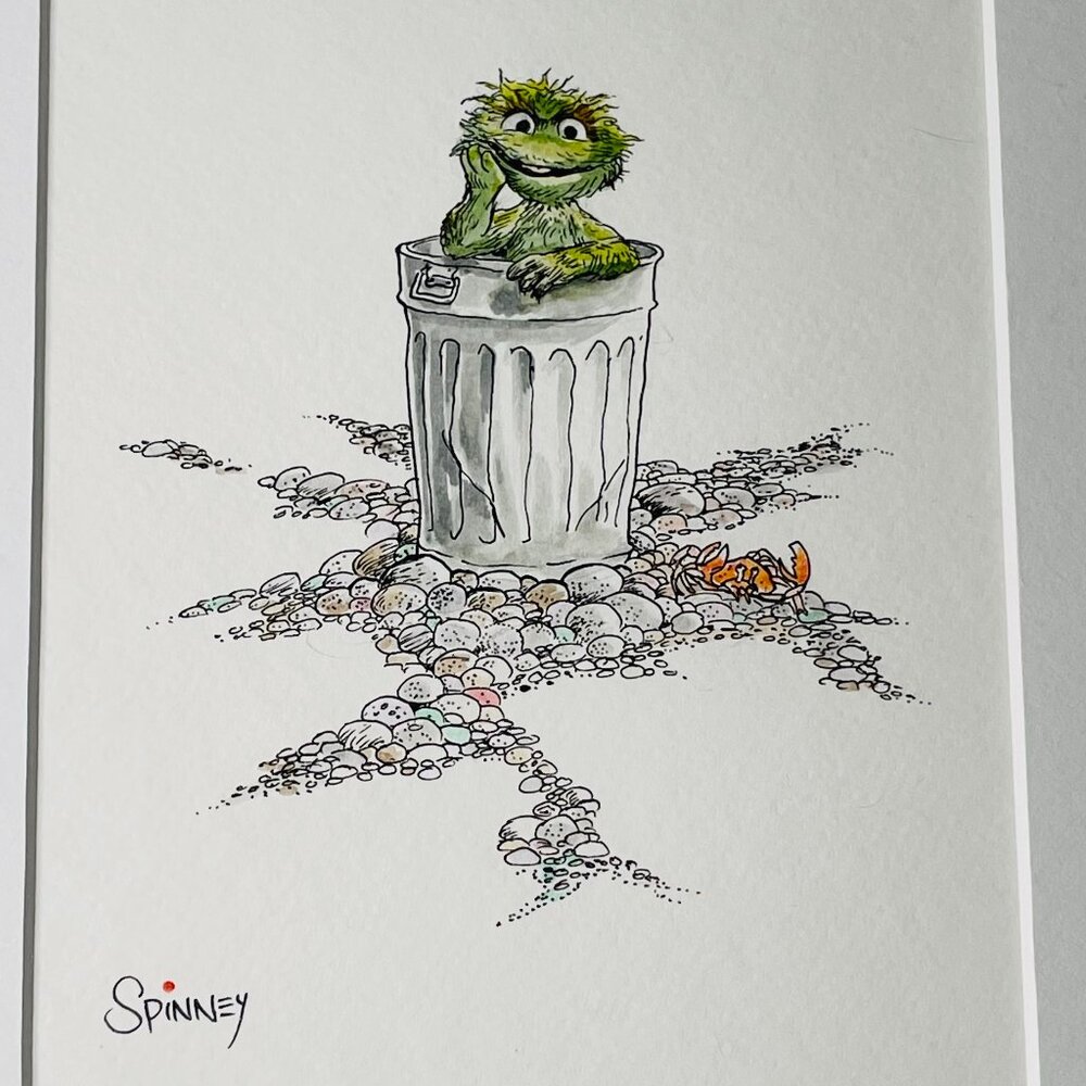 Original, Signed Caroll Spinney Oscar the Grouch Watercolor Painting